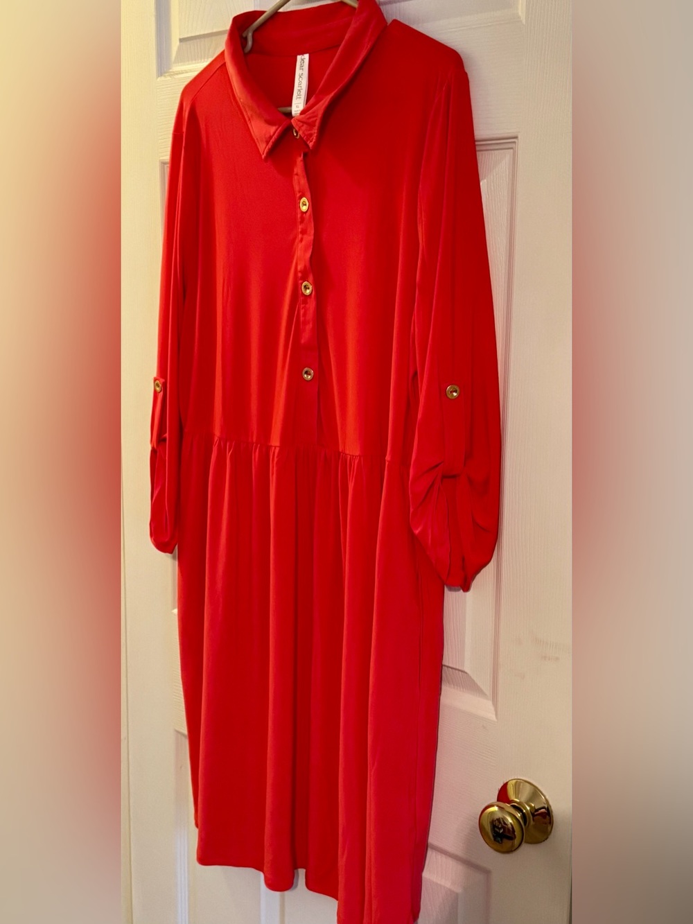 Button-Front Red Dress with Roll-Tab Sleeves - Picture 3 of 6